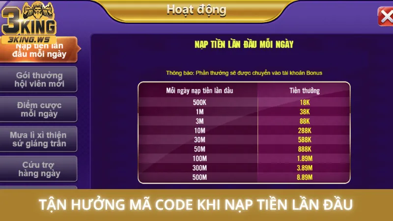 Tận hưởng mã code khi nạp tiền lần đầu
